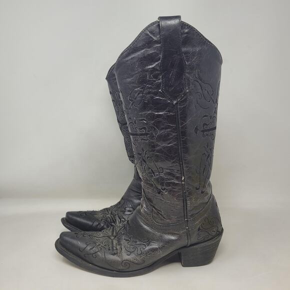 Circle G Boots Women 7.5W Black Embroidered Cross Western Snip Toe Cowgirl Rodeo - Picture 5 of 14